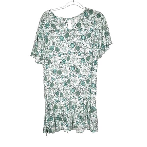 GAYA Floral Tunic T-Shirt Dress Short Sleeve V-Neck Ruffled White Green Size L - Picture 1 of 8
